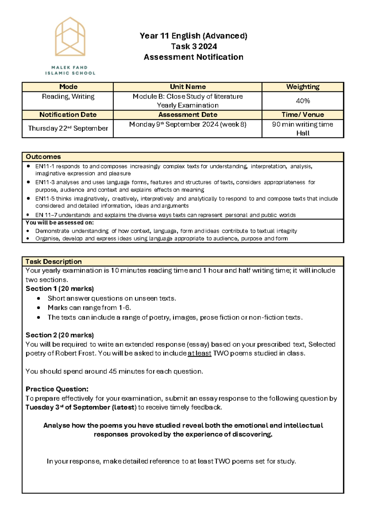 2024 Year 11 Standard Task 3 Exam Notification - Outcomes • EN11-1 ...