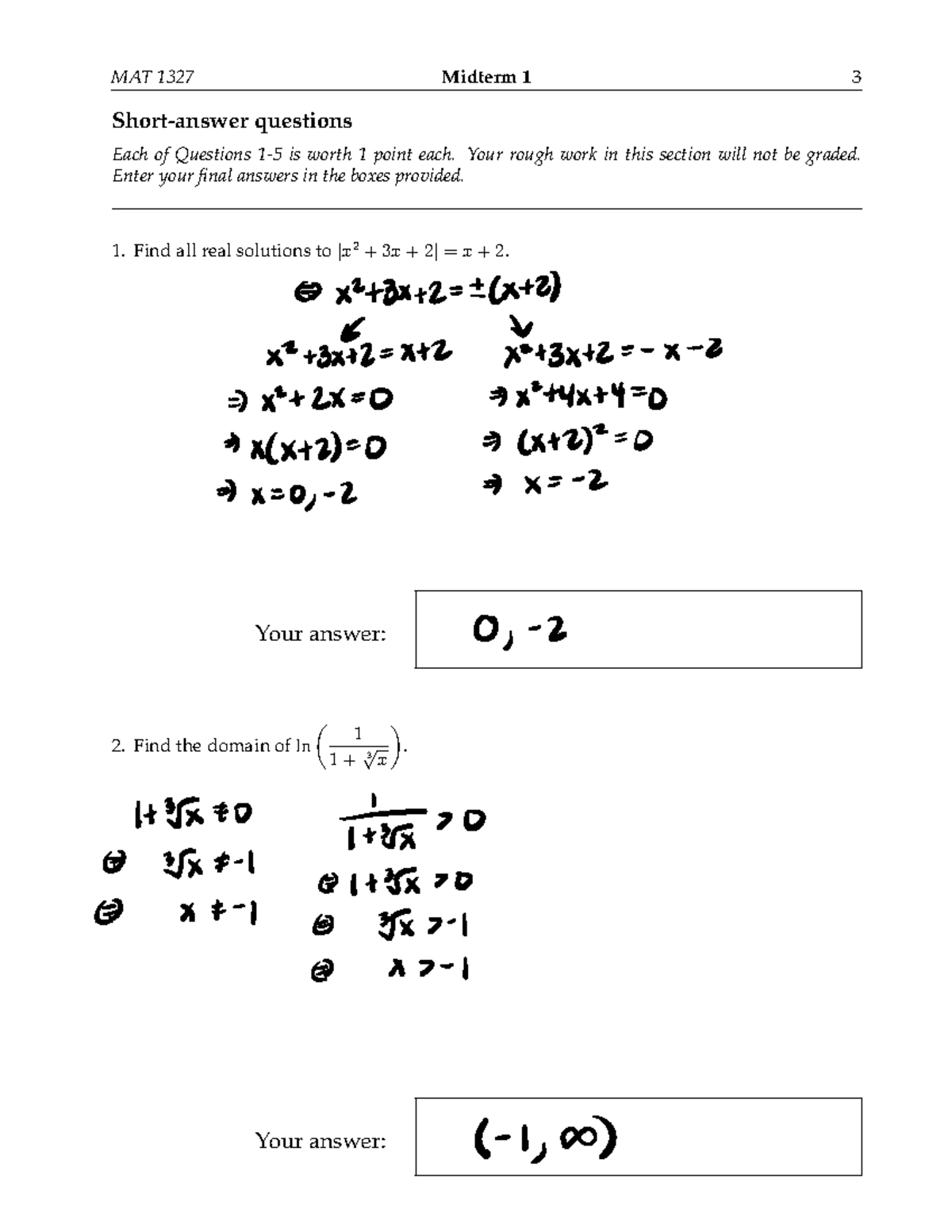 MAT 1327 Midterm 1 Solutions - MAT 1327 Midterm 1 3 Short-answer ...