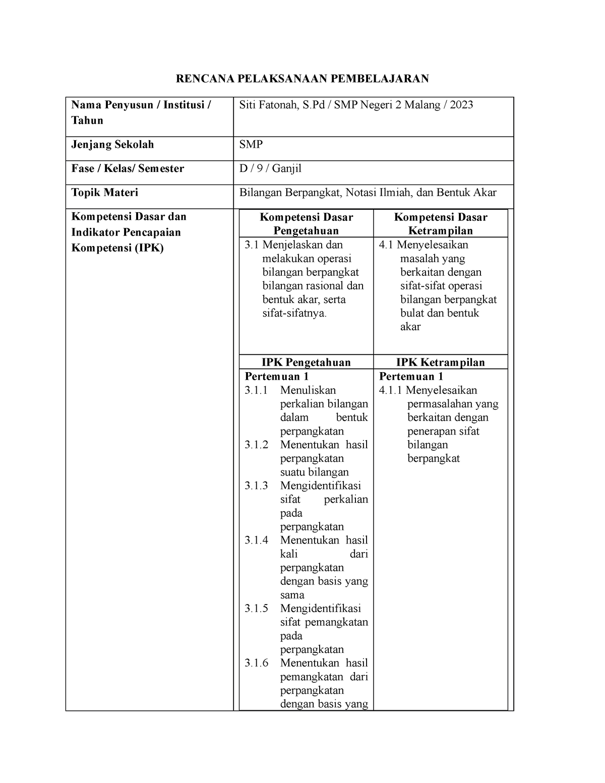 1.1 RPP PERT 1- Bilangan Pangkat Positif - RENCANA PELAKSANAAN ...