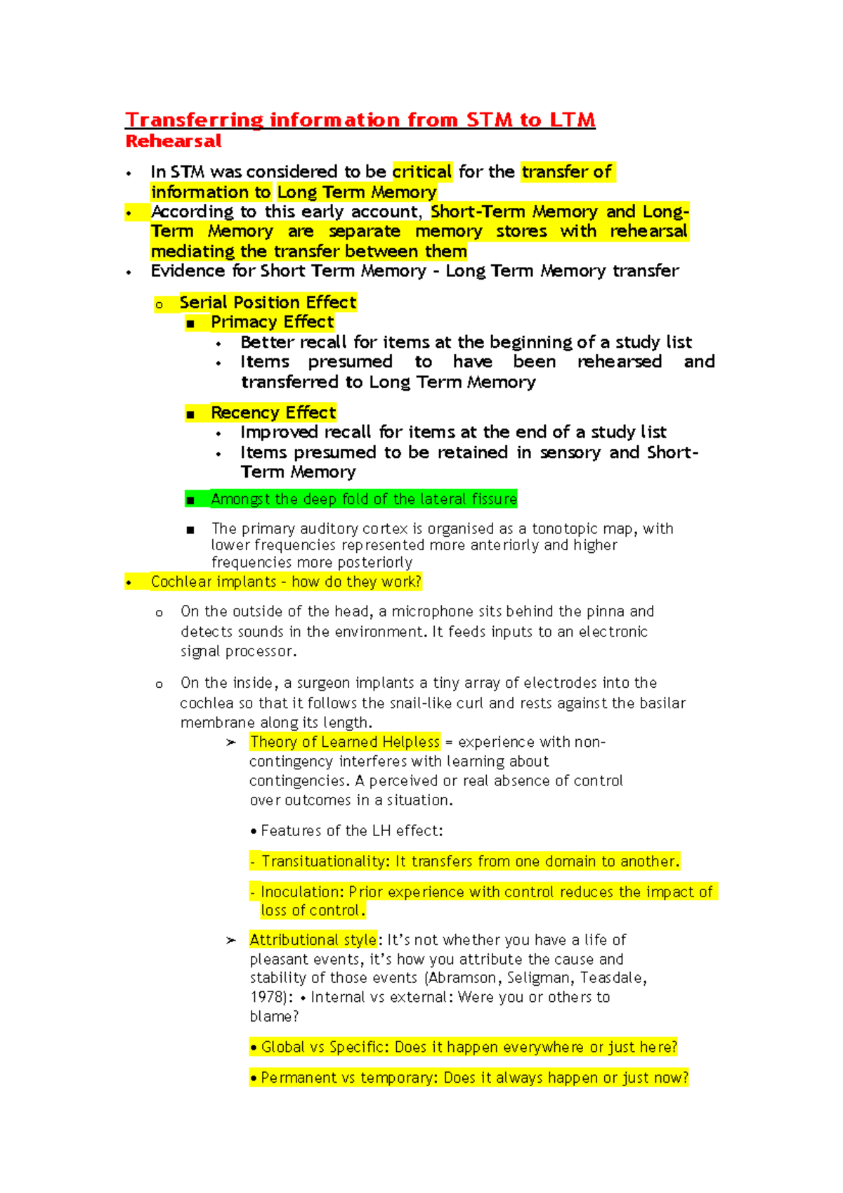 Week 8 - Lecture notes 8 - Transferring information from STM to LTM ...