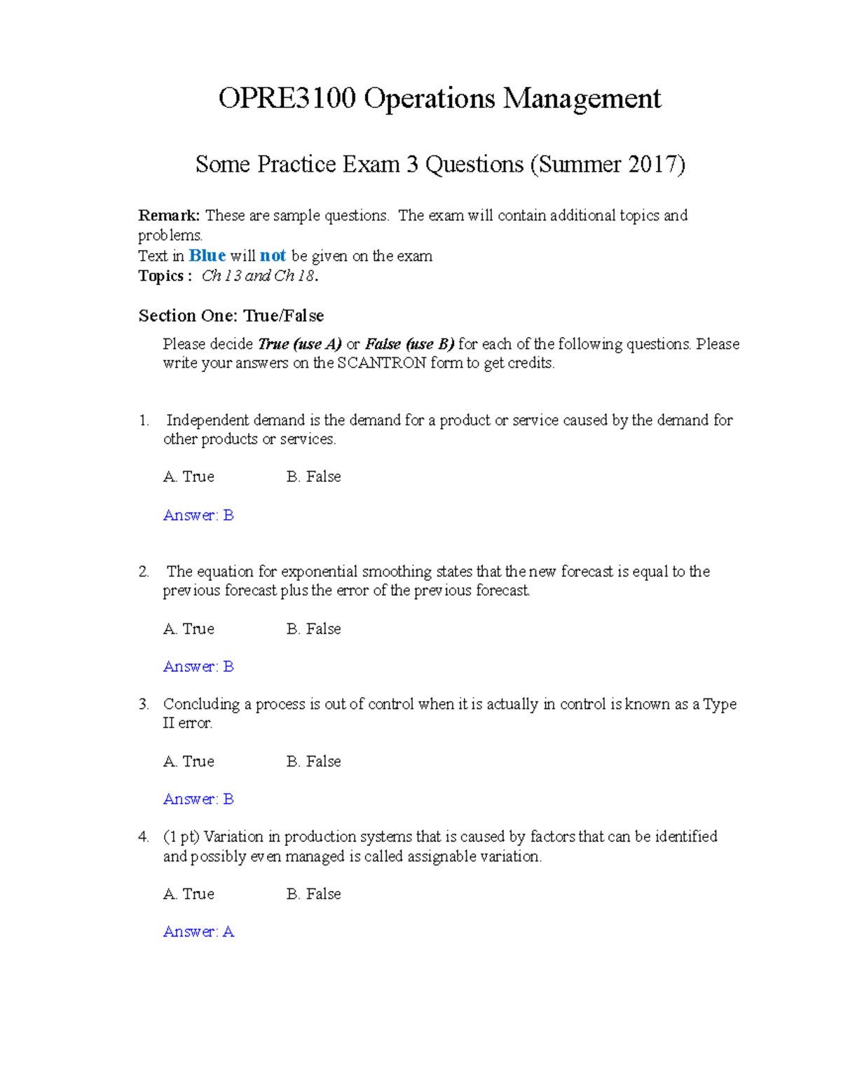 Practice Exam 3 Questions OPRE3100 Operations Management Some