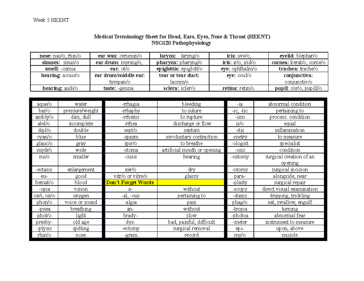 Medical ter 5 Week 5 HEENT Medical Terminology Sheet for Head, Ears