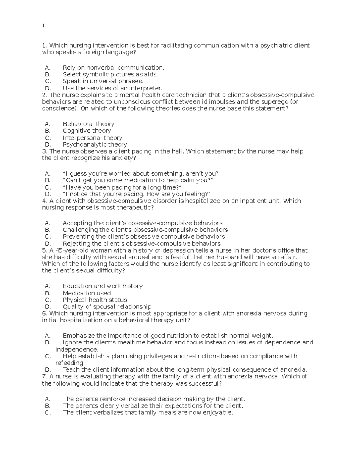 Psychiatric Mcqs 9 - Practice Mcqs - Which Nursing Intervention Is Best 