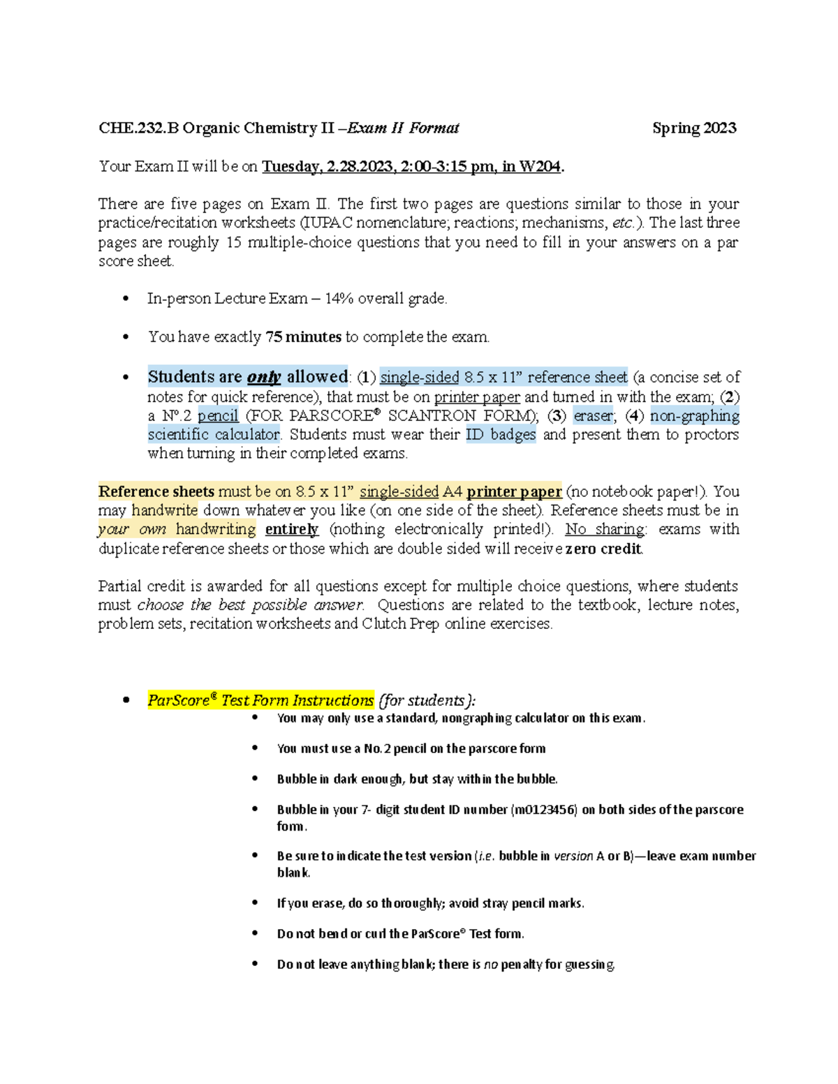 Exam 2 format - CHE.232 Organic Chemistry II –Exam II Format Spring ...