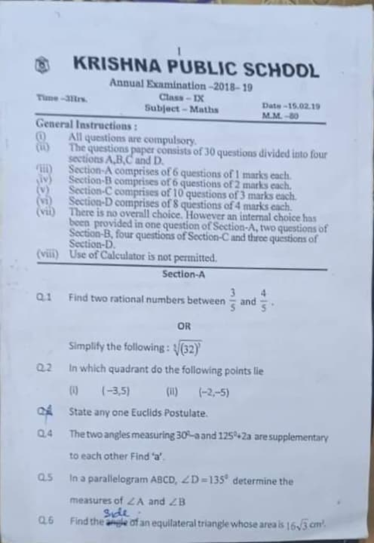 Maths Prev Year Q Sex Sex Krishna Public Schodl Annual Examination 2018 Clas Subject 2159