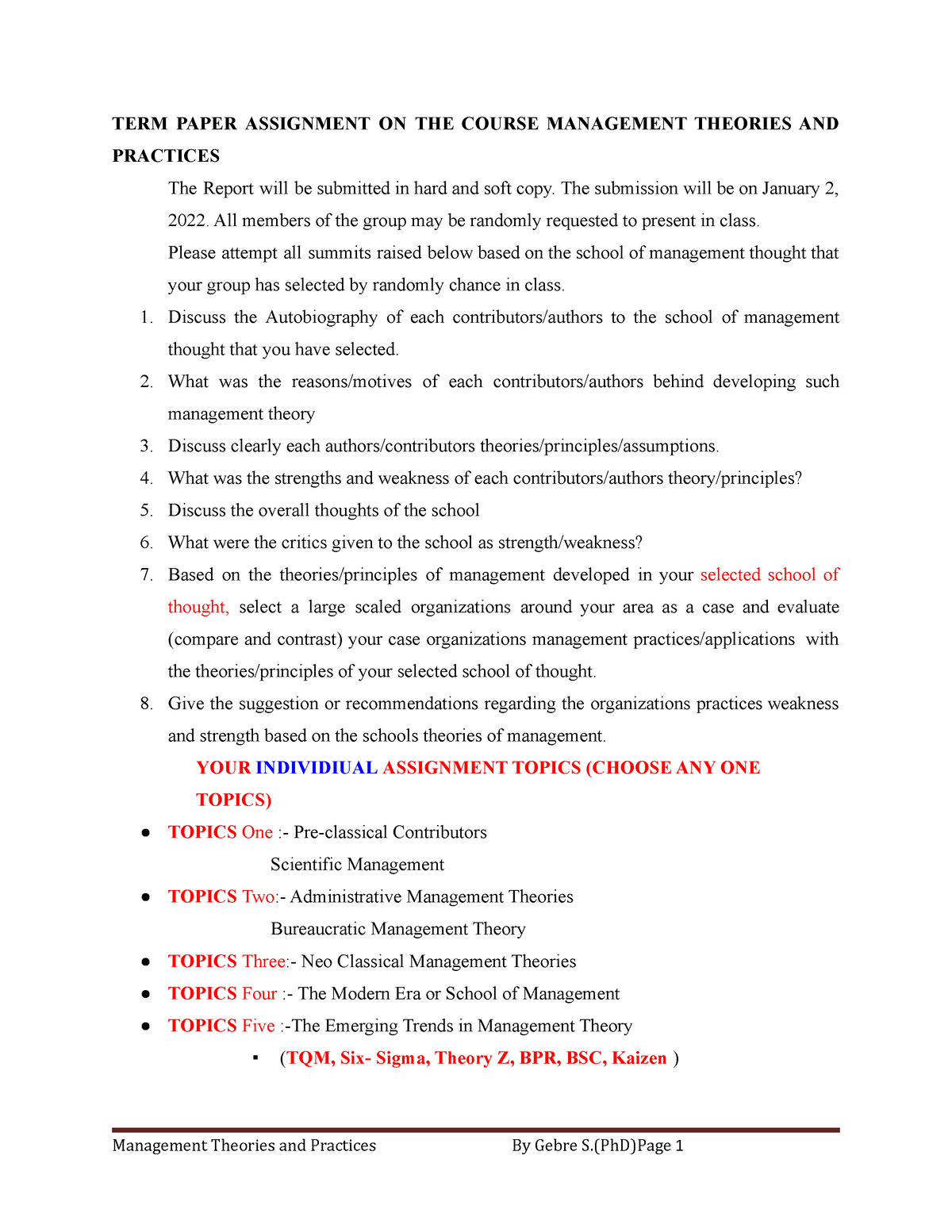 term paper assignment on the course management theories and practices