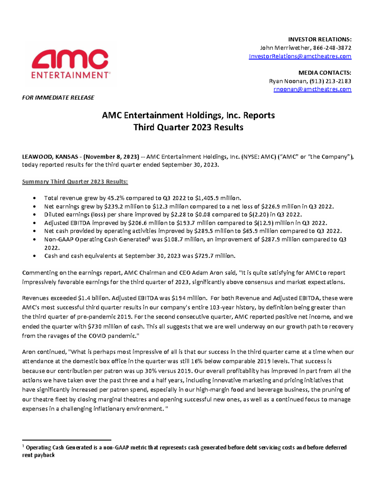 AMC Third Quarter 2023 Earnings Release Final INVESTOR RELATIONS