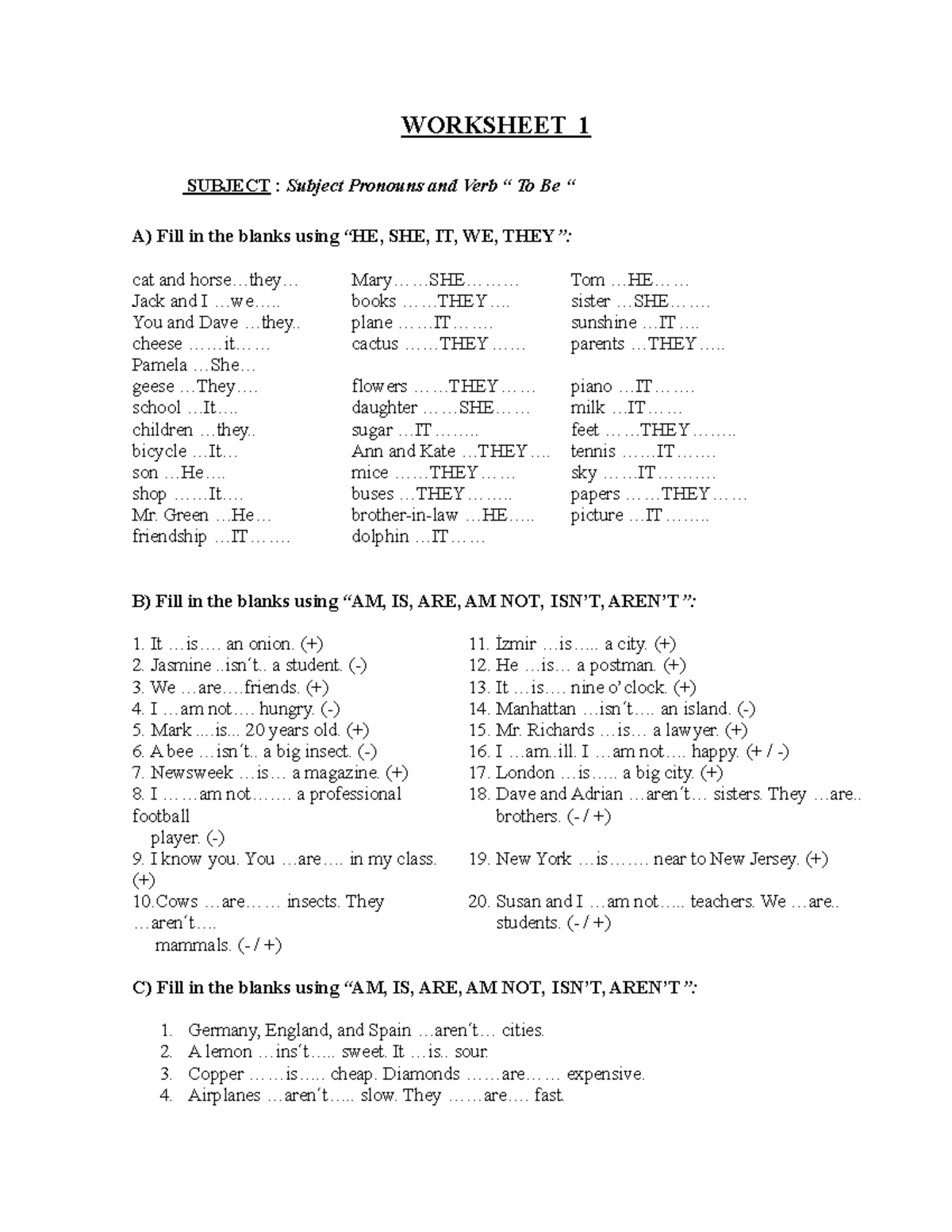 Worksheet 1 VERB TO BE - ACTIVIDADES SIN REALIZAR - WORKSHEET 1 SUBJECT ...