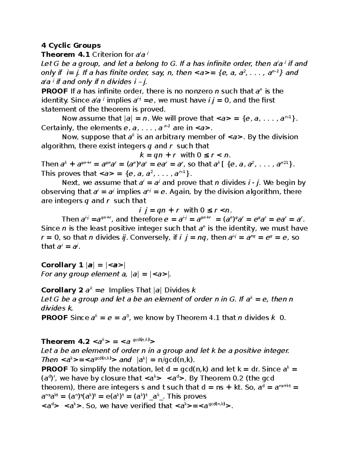 AA thms,defns,etc - Abstract Algebra - 4 Cyclic Groups Theorem 4 ...