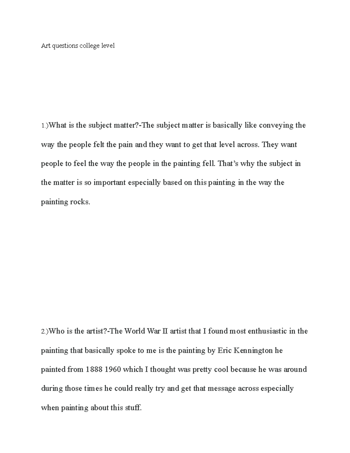 Vkflmw worksheet Art questions college level 1.)What is the subject