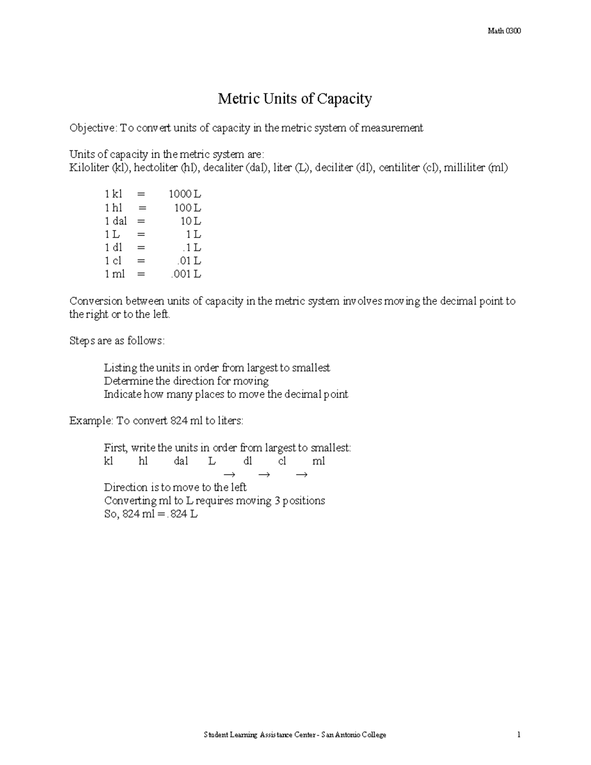 Math0300 metric units of capacity metric units of capacity objective
