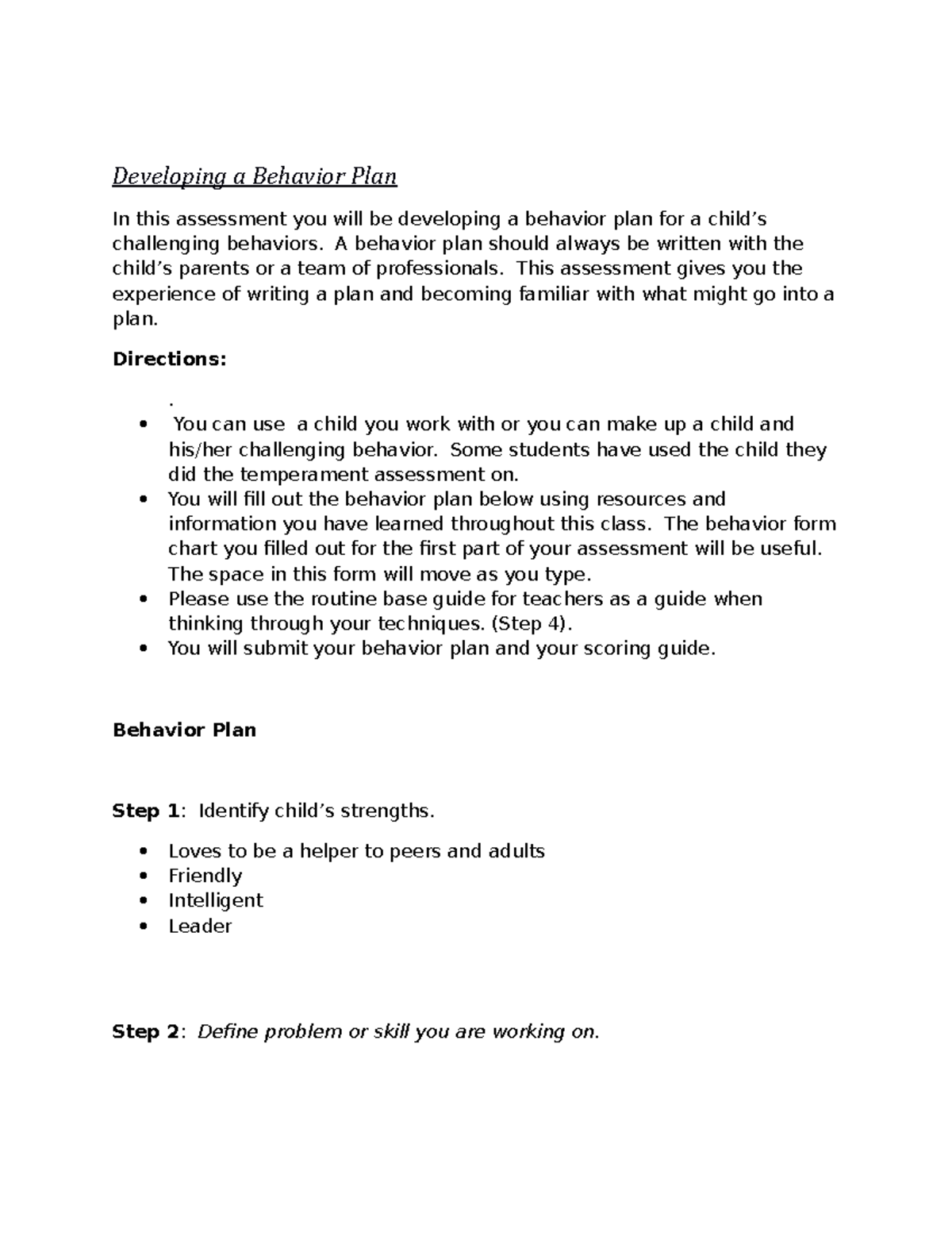 GCB LP7 Behavior Plan - Developing a Behavior Plan In this assessment ...