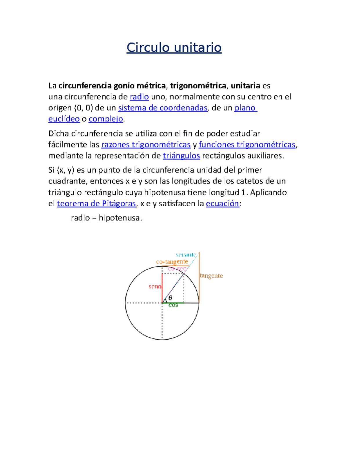 Circulo unitario - Circulo unitario La circunferencia gonio métrica ...