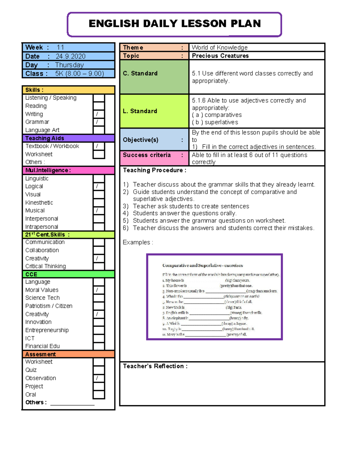 English Daily Lesson PLAN 24.9.2020 5k ENGLISH DAILY LESSON PLAN