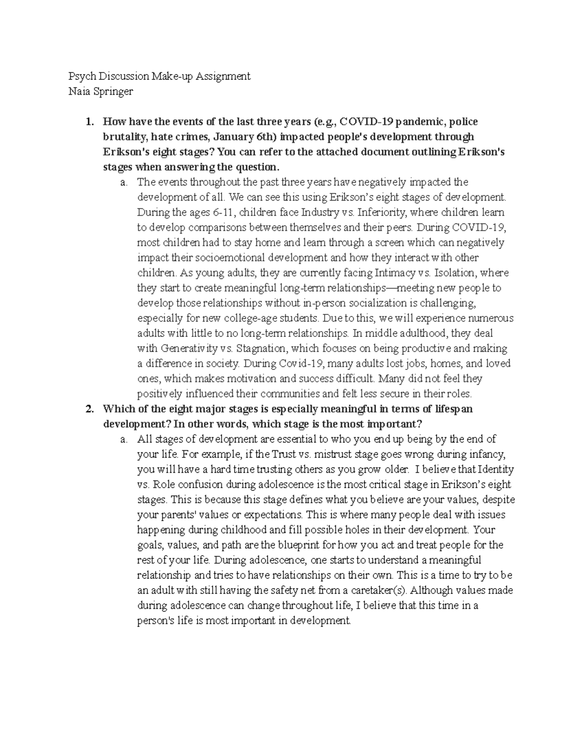 Psych Discussion Makeup Assignment , COVID19 pandemic, police