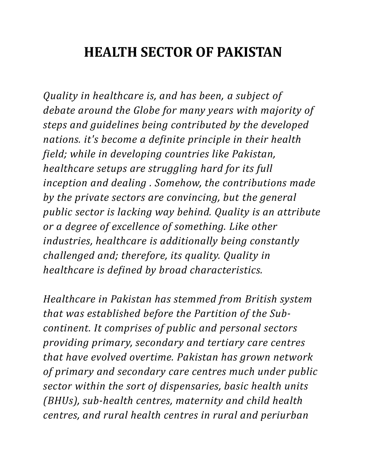 essay on health sector in pakistan