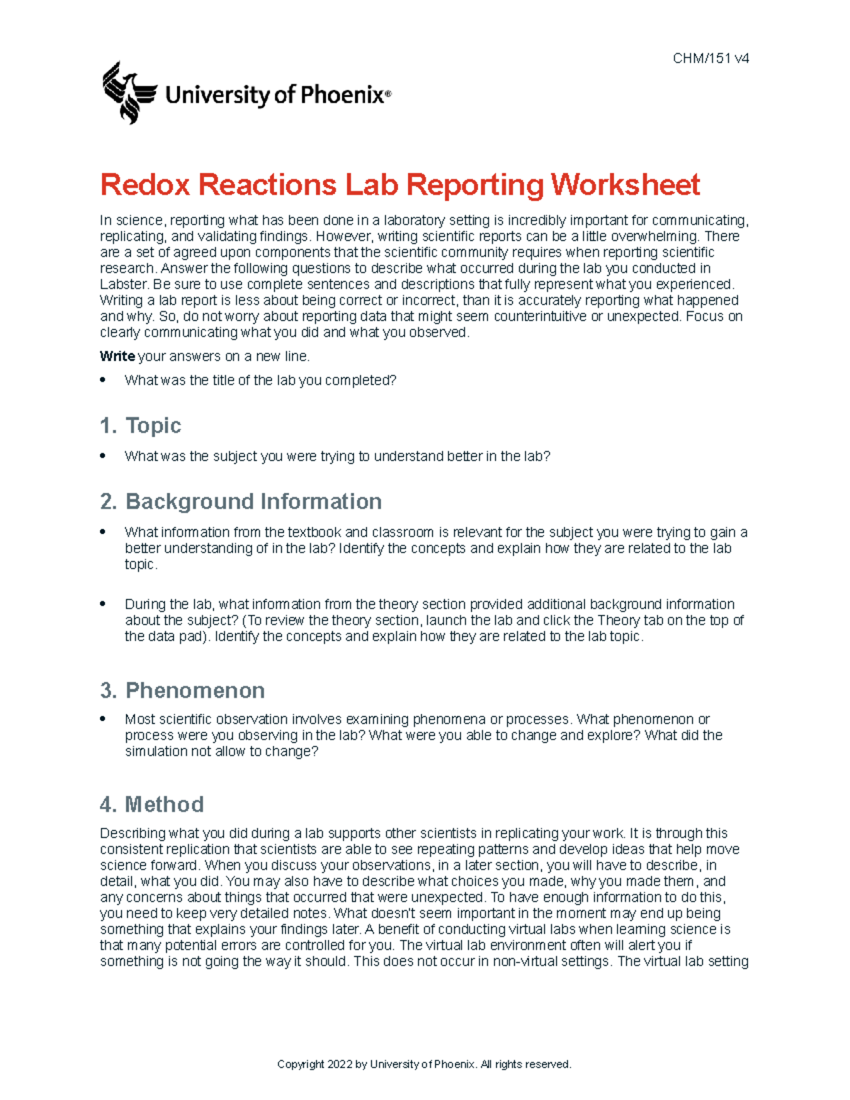 redox experiment lab report