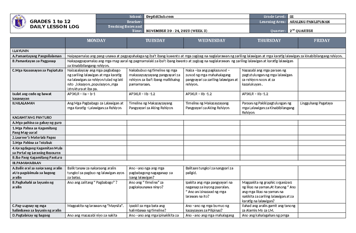DLL Araling Panlipunan 3 Q2 W3 - GRADES 1 to 12 DAILY LESSON LOG School ...