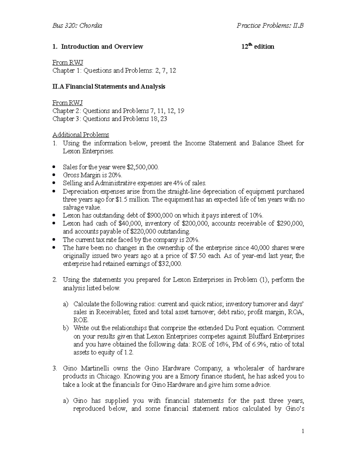 FIN 320 Practice Problems 2021 - Bus 320: Chordia 1. Introduction And ...