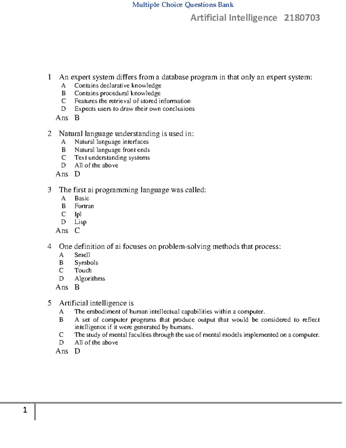 Mcq Of Artificial Intelligence-2180703 - Artificial Intelligence - VTU ...