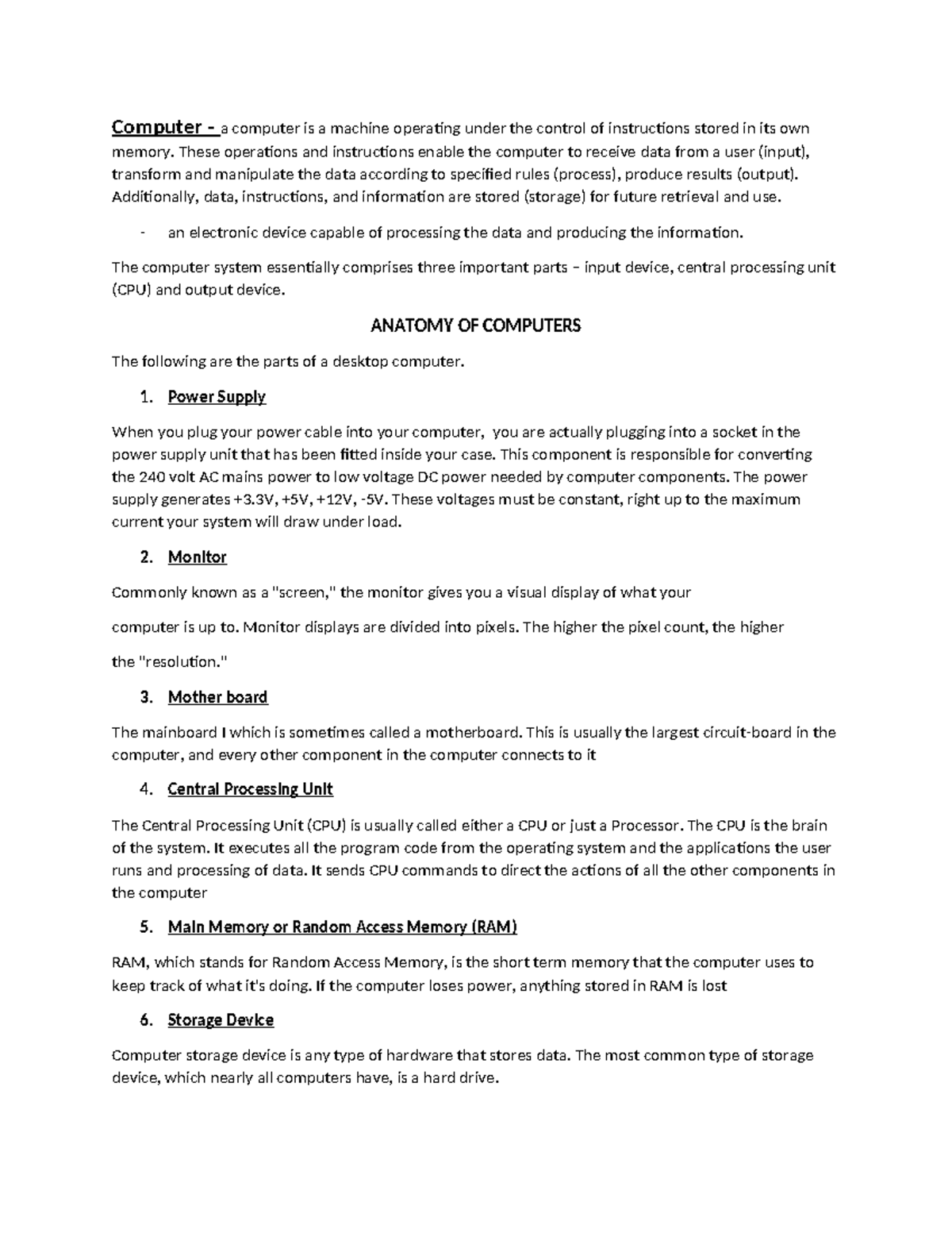 Parts of a Computer and its Functions - Computer – a computer is a ...