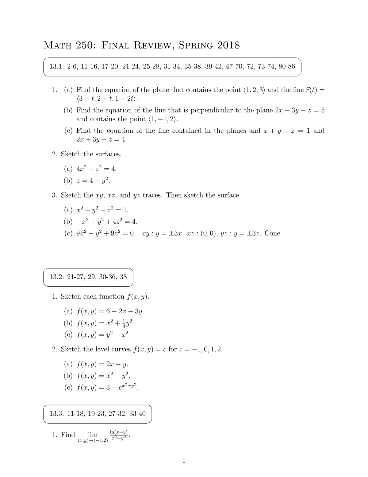 Review May 2 Spring 18 Questions Math 250 Calculus Iii Studocu