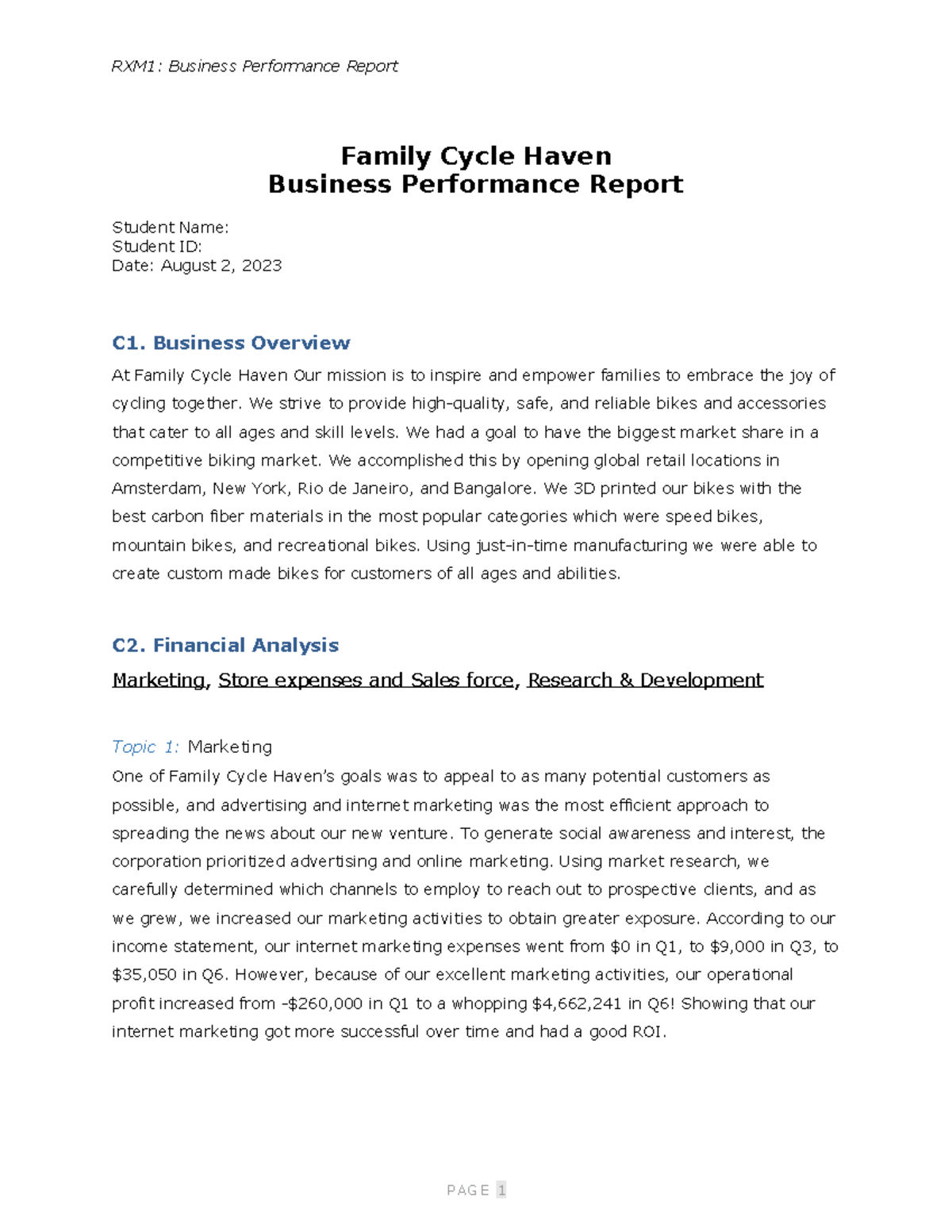 D361 Business Performance Report Task 1 - RXM1: Business Performance ...