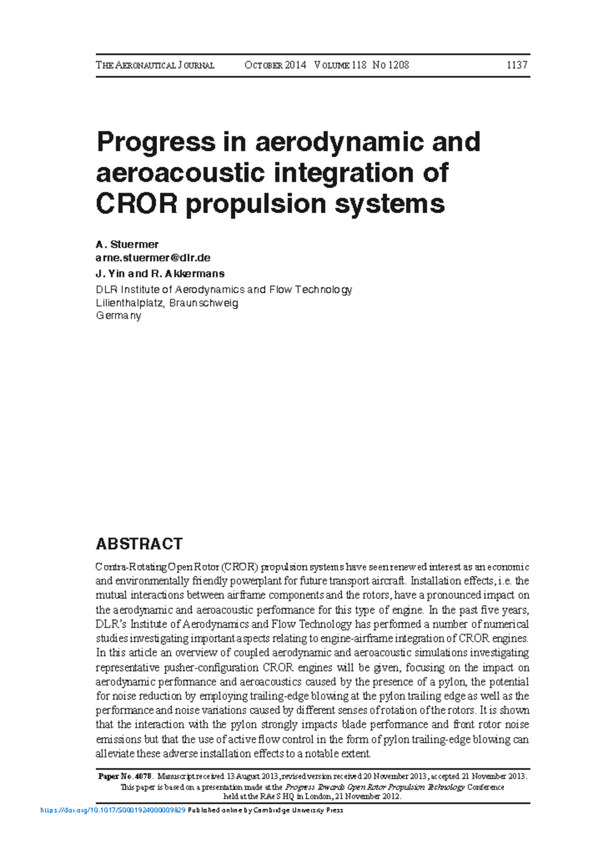 Progress In Aerodynamic And Aeroacoustic Integration Of Cror Propulsion ...