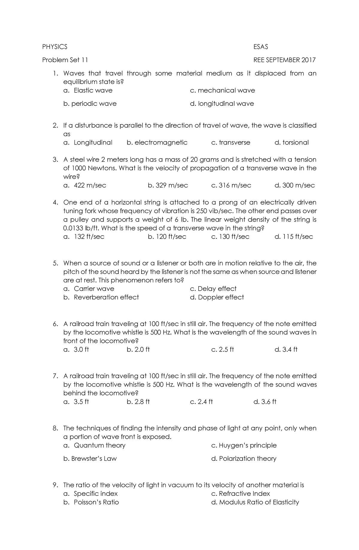 Physics - Preboard - Esas - Physics Esas Problem Set 11 Ree September 