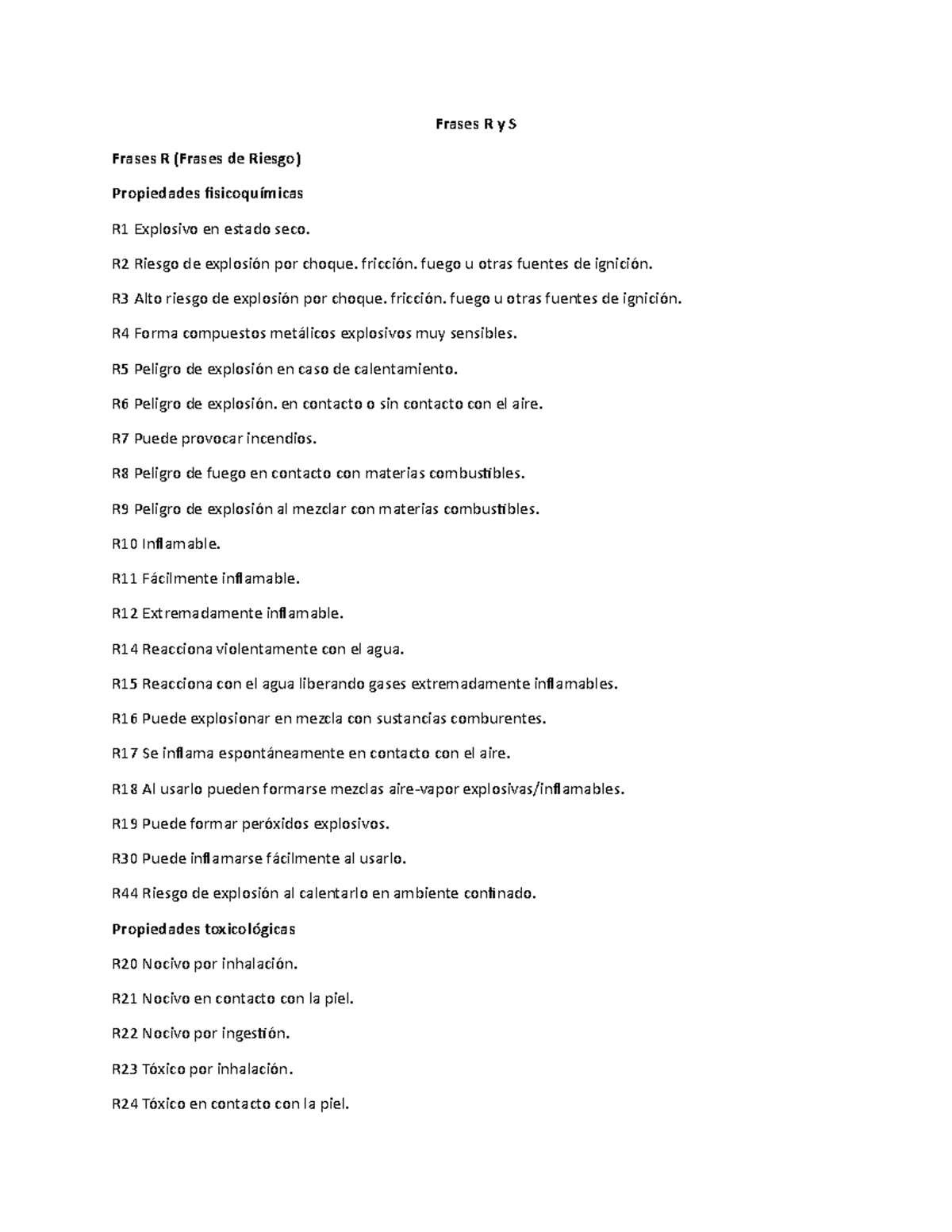 Frases de riesgo y seguridad Frases R y S Frases R (Frases de Riesgo