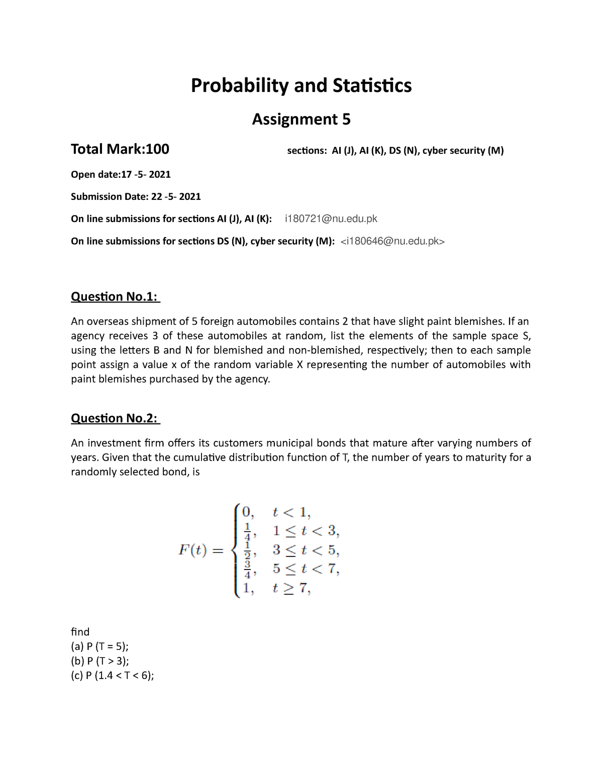 Probability And Statistics Assignment 5 - Edu On Line Submissions For ...