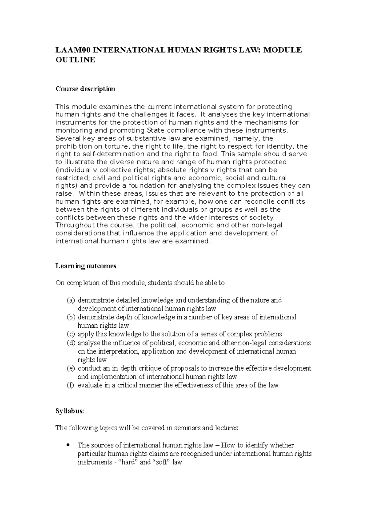 Module Outline 2019-2020 - LAAM00 INTERNATIONAL HUMAN RIGHTS LAW ...