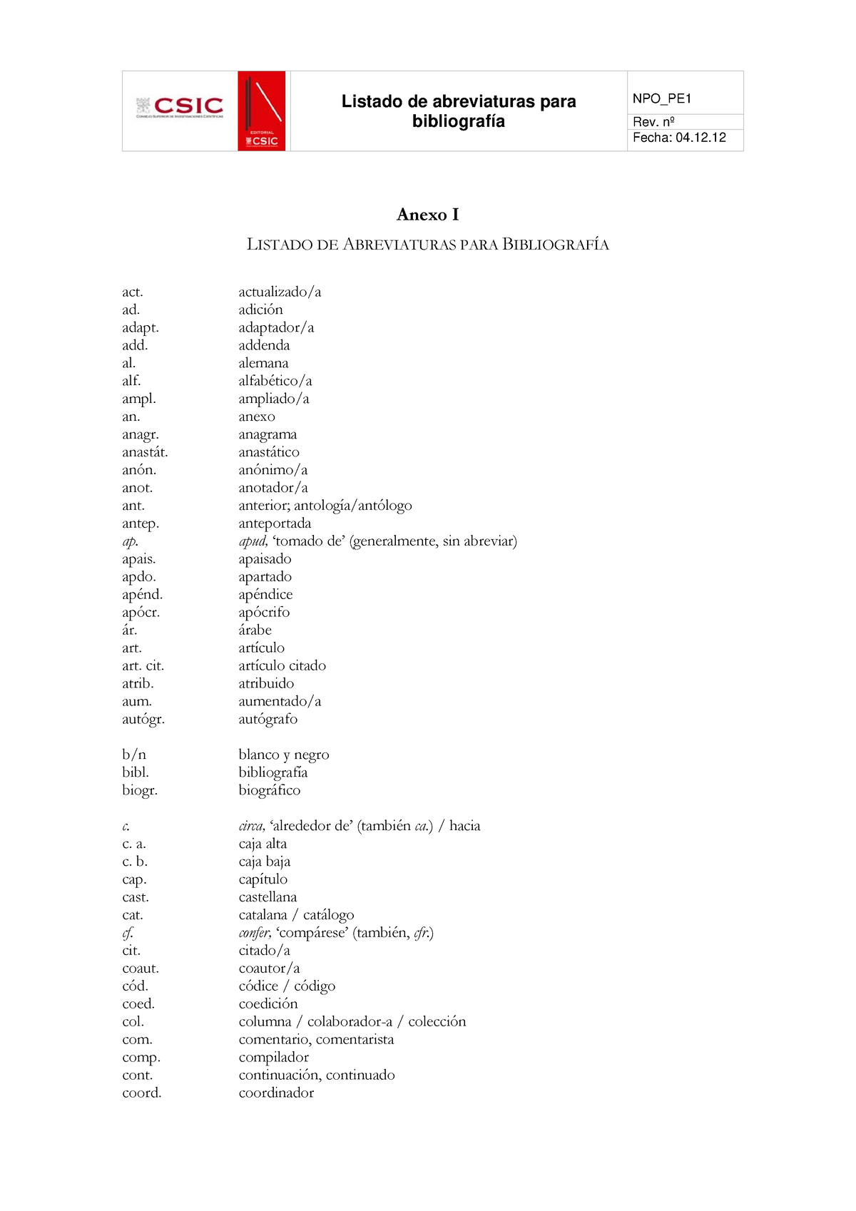 Listado De Abreviaturas Rev Nº Listado De Abreviaturas Para Bibliografía Fecha 04 Anexo I 1338