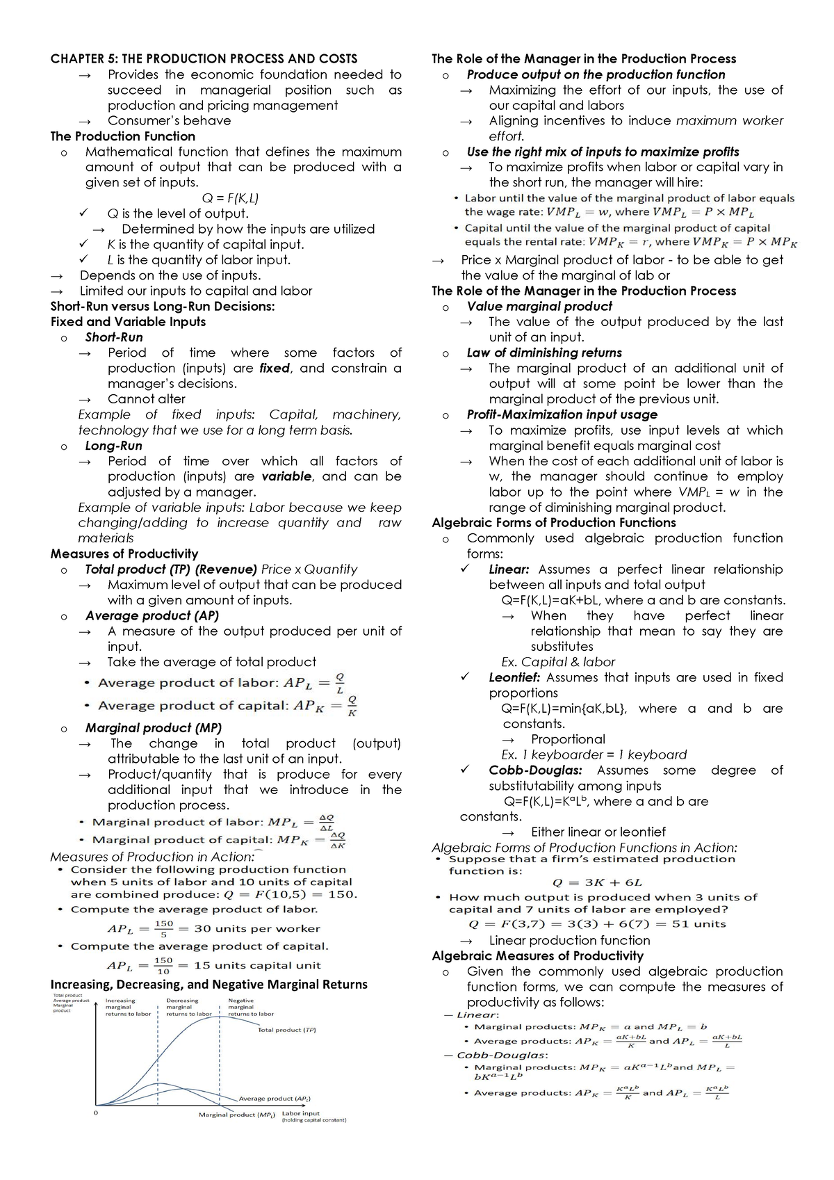 Econ Chap 5,6 - Notes - CHAPTER 5: THE PRODUCTION PROCESS AND COSTS → ...