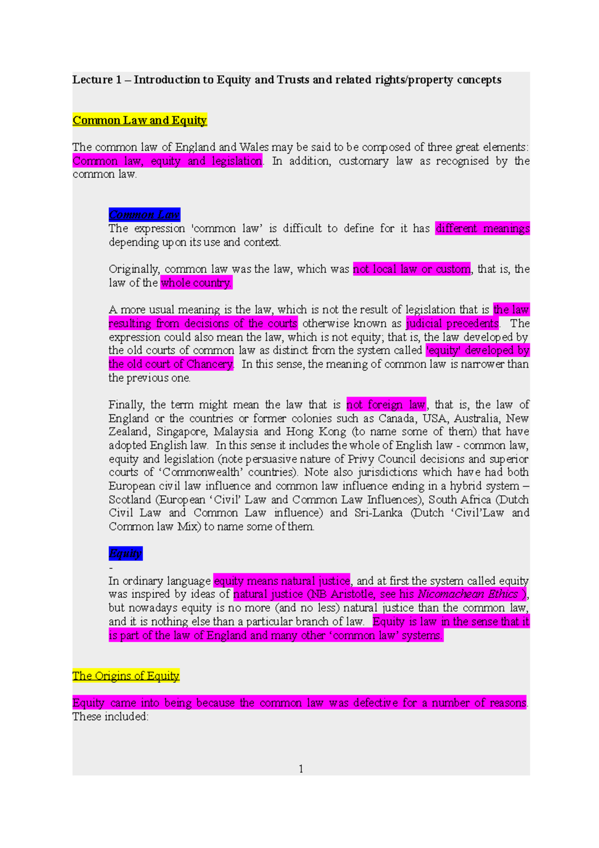 T1- Common Law and Equity Outline - Lecture 1 – Introduction to Equity ...