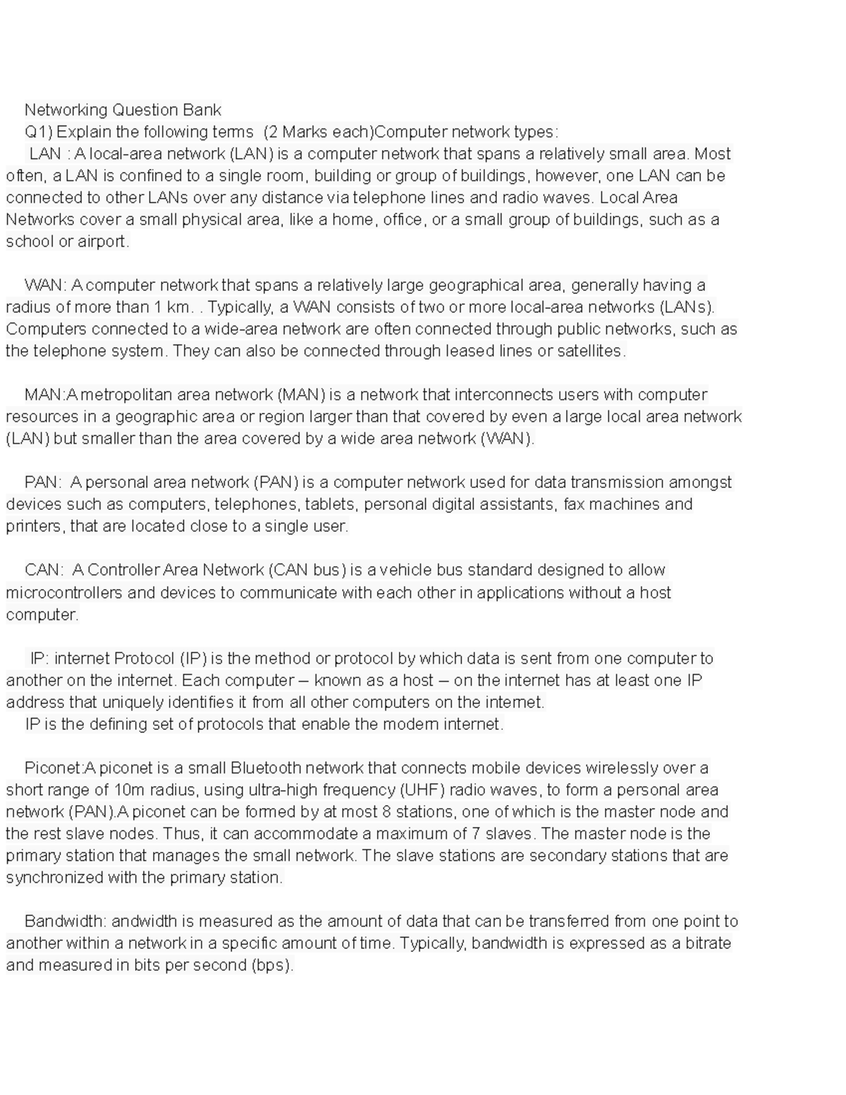 Networking Question Bank with ans - Networking Question Bank Q1 ...