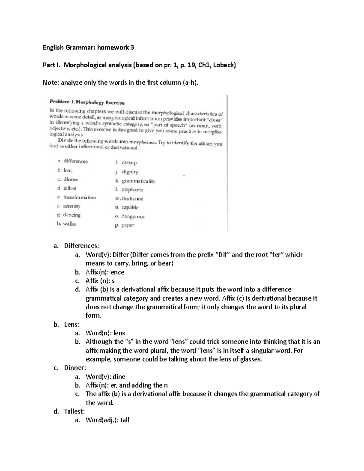 English HW3 English Grammar Homework 3 Part I Morphological 