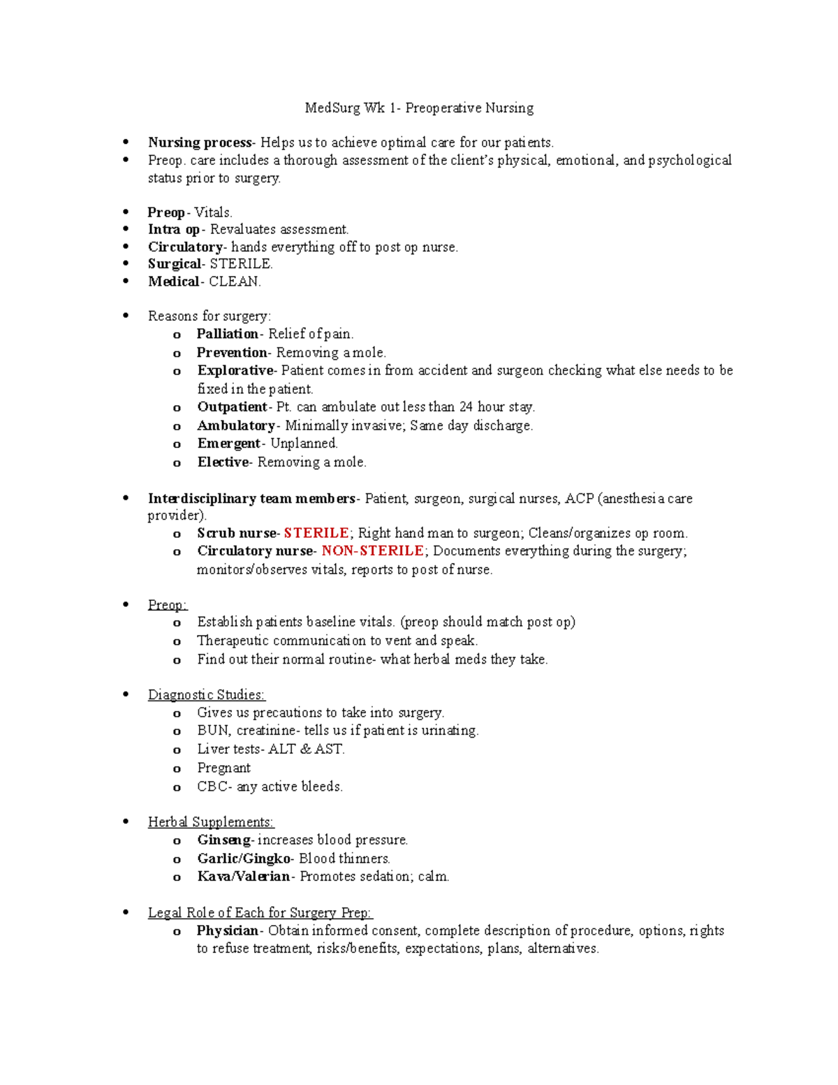 Wk 1 notes - MedSurg Wk Preoperative Nursing Nursing Helps us to ...