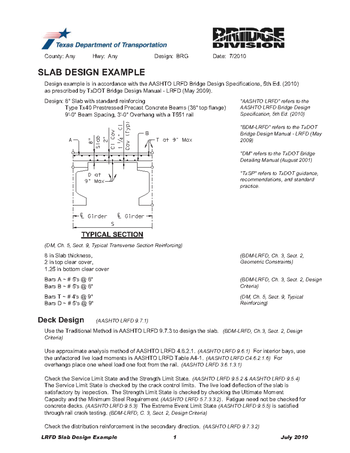 Slab example - Design of Slabs as per AASHTO - County: Any Hwy: Any ...
