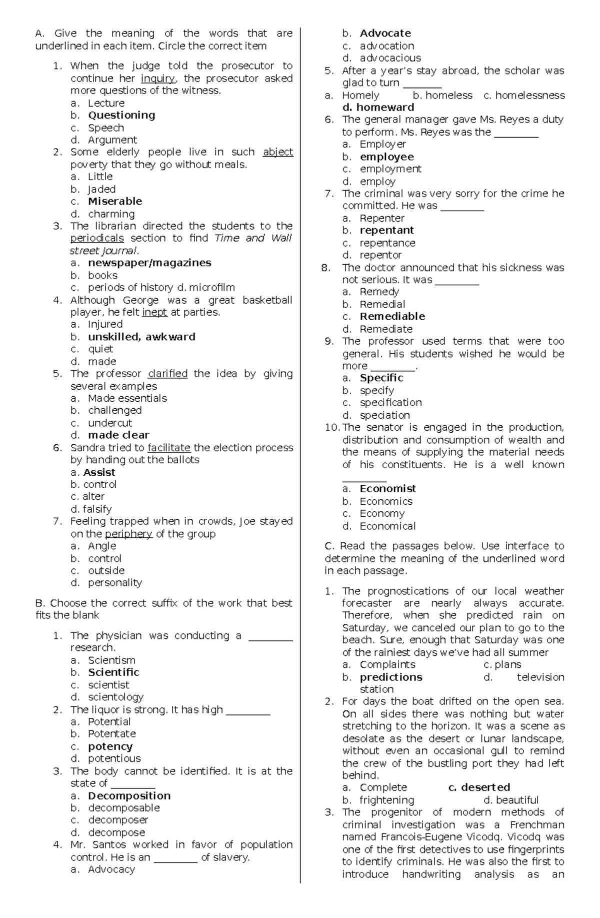 TEST 1 - Test Practice - A. Give the meaning of the words that are ...