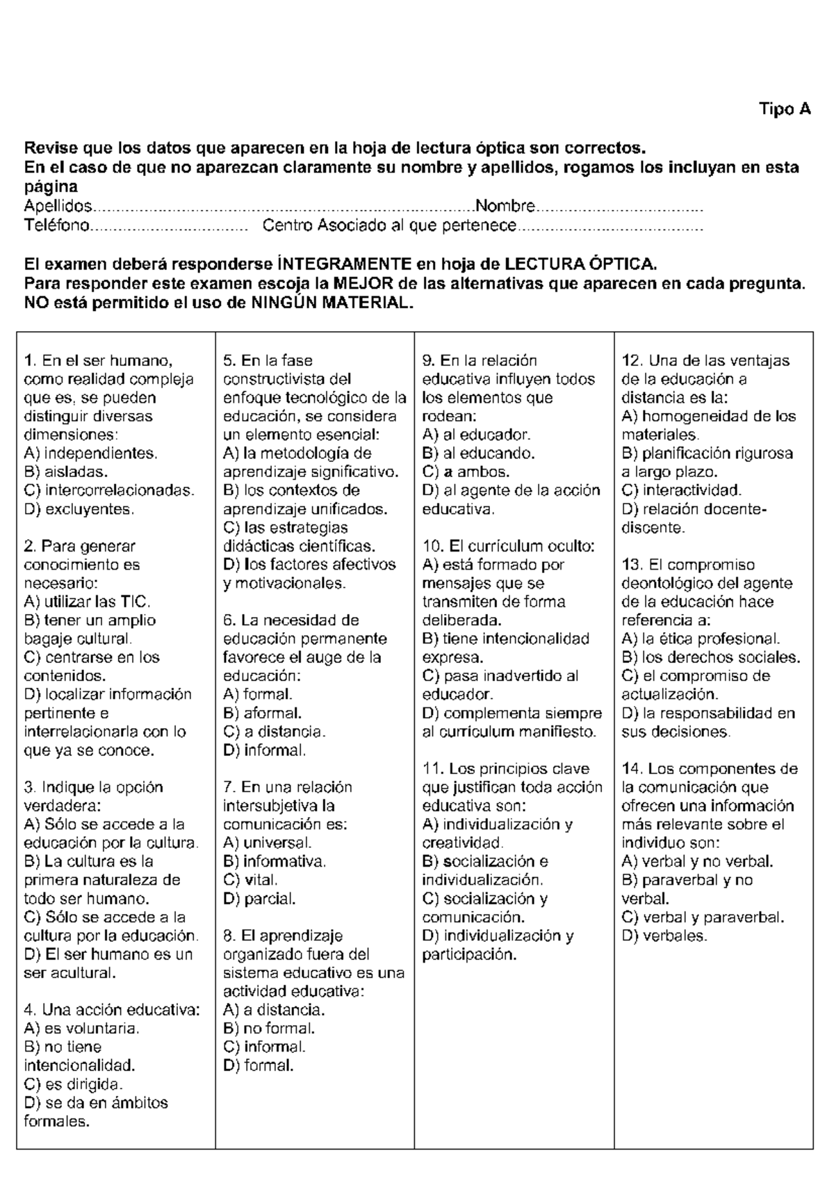 Examen Junio 2011, Preguntas - Tipo A Revise Que Los Datos Que Aparecen ...