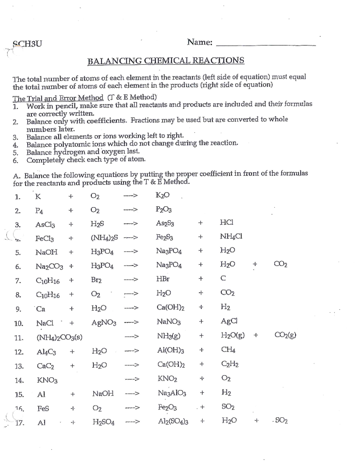 Balancing Equations 1 Worksheet - Studocu