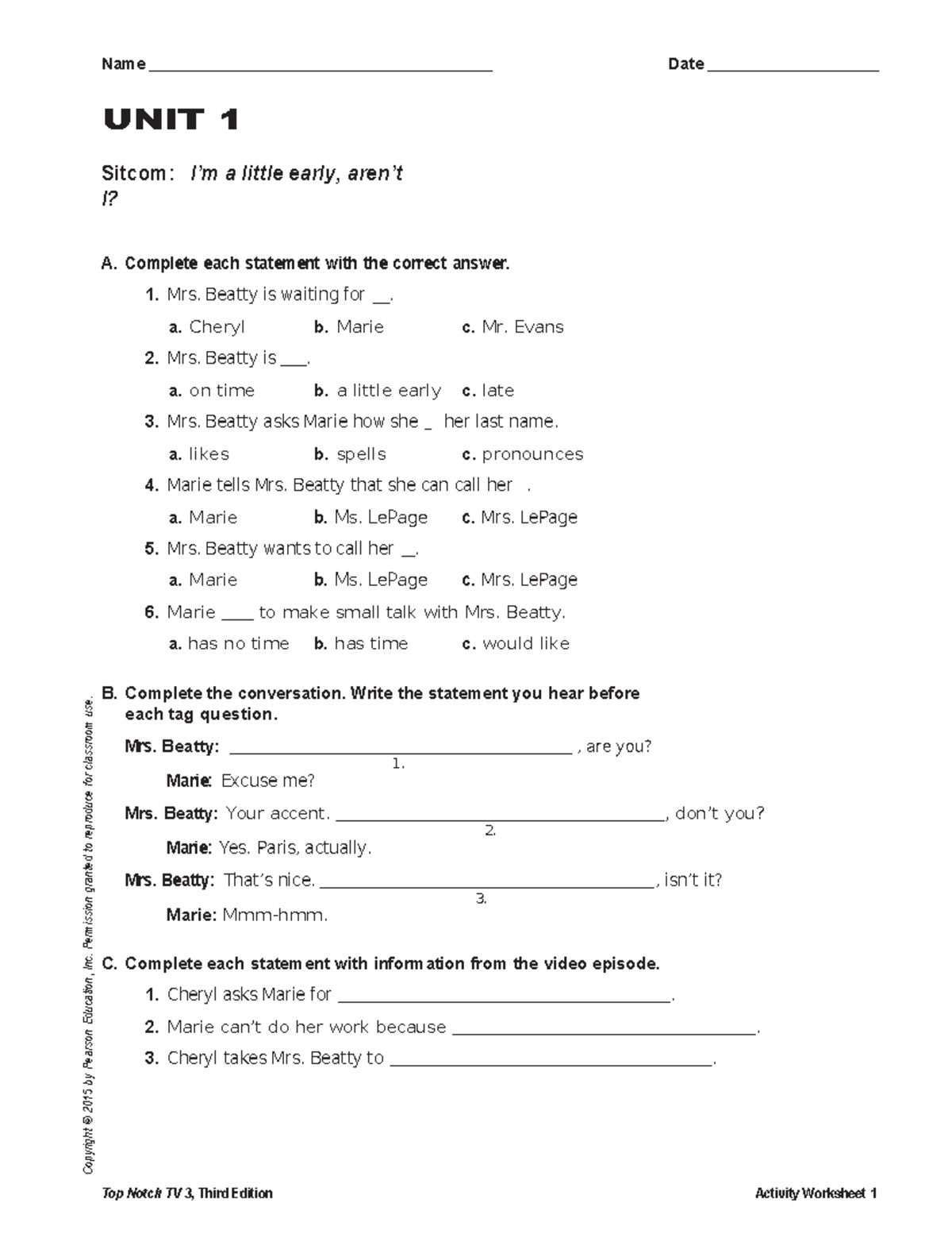 UNIT 01 TV Activity Worksheets Name Date UNIT 1 I’m a little