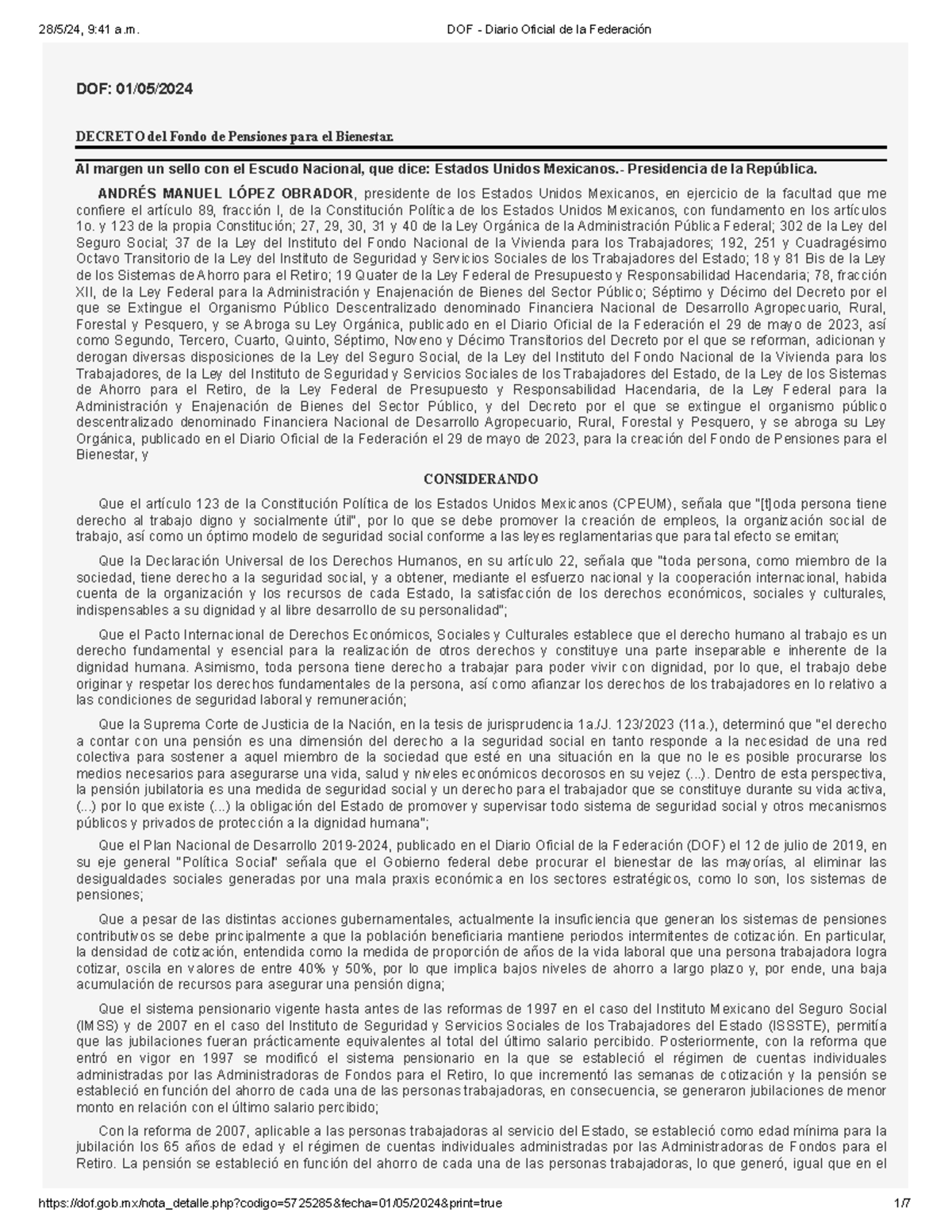 Decreto Fondo DE Pensiones PARA EL Bienestar - DOF: 01/05/ DECRETO del ...