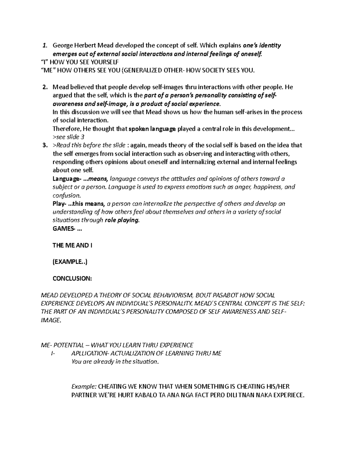 Mead's explanation report - George Herbert Mead developed the concept ...