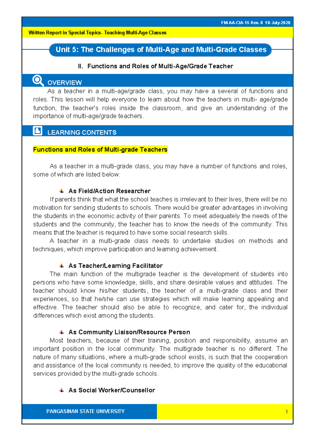 Functions and Roles of Multi-Age and Multi-Grade Teacher - Unit 5: The ...