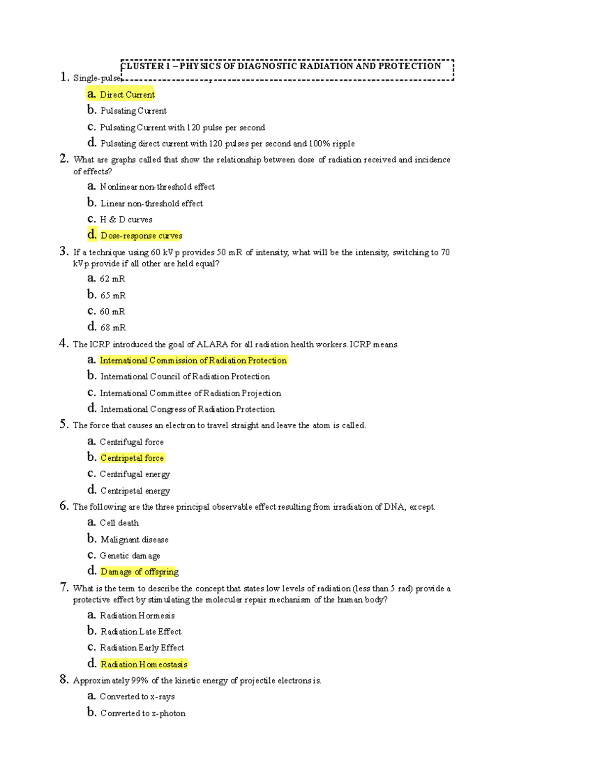 Cluster 1 Physics OF Diagnostic Radiation AND Protection - 1. Single ...