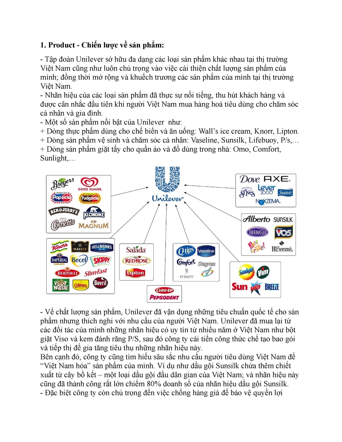 QT MKT- 4P của Unilever - 1. Product - Chiến lược về sản phẩm: Tập đoàn Unilever sở hữu đa dạng các - Studocu