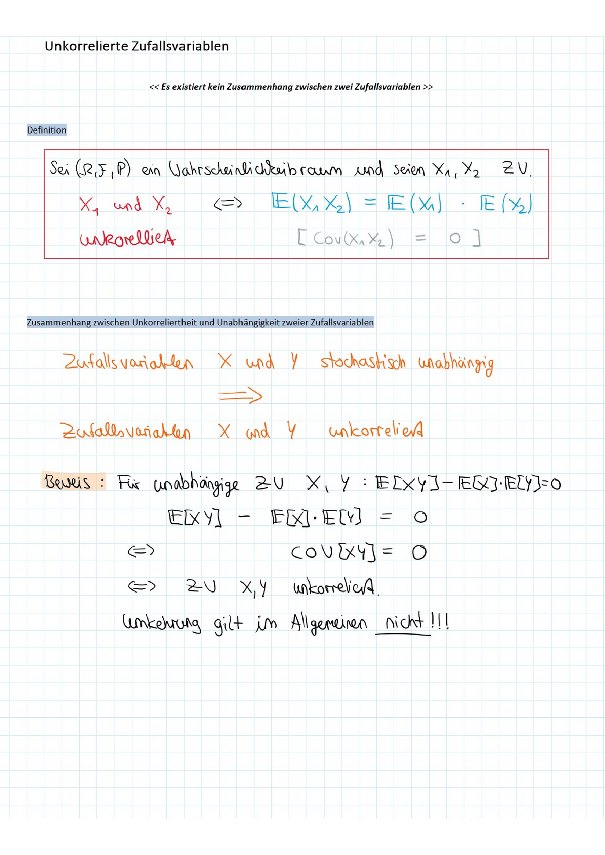 Unkorrelierte Zufallsvariable - Grundlagen Der Stochastik - Studocu