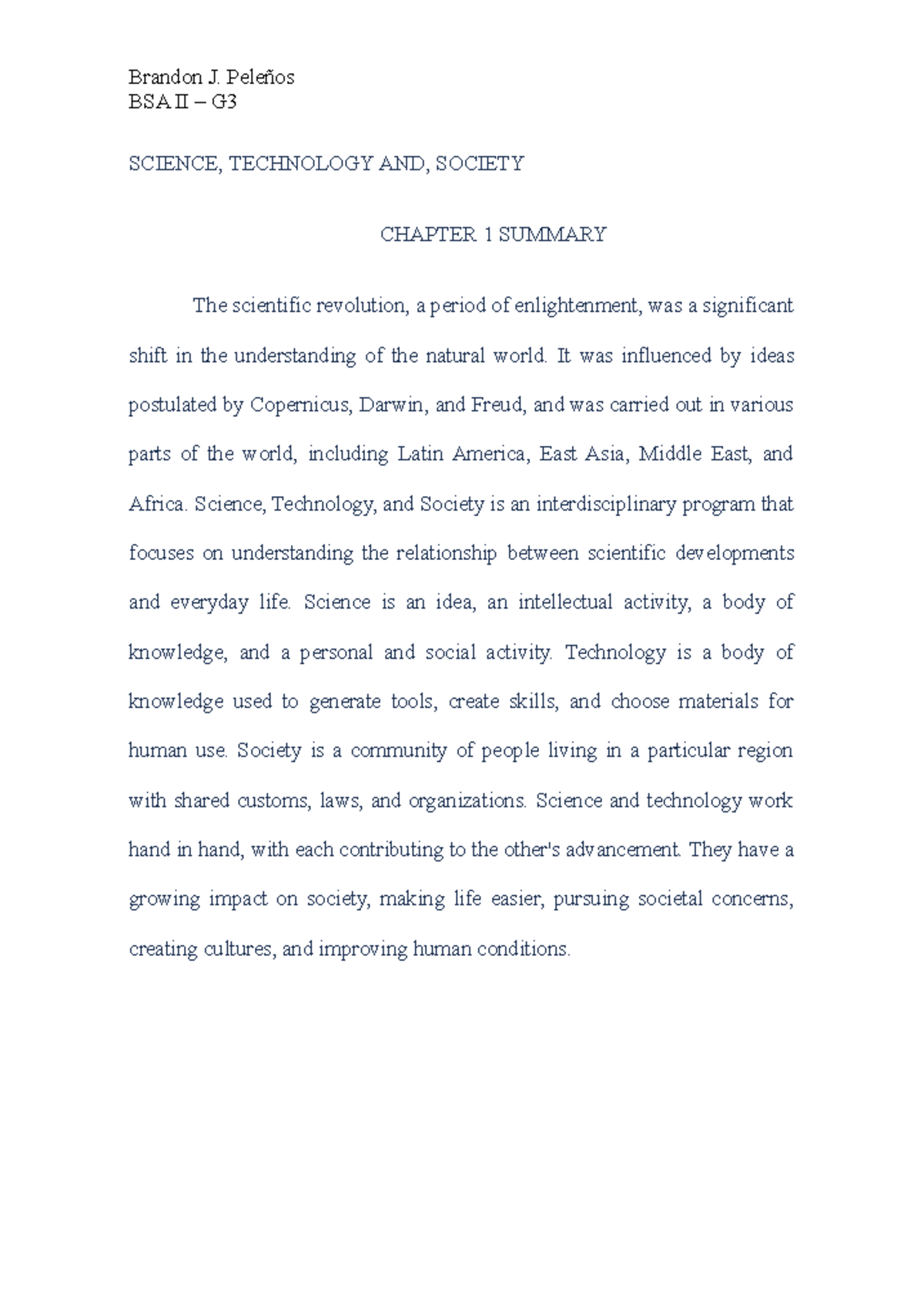 STS Chapter 1 Summary - Science, Technology, and Society - Brandon J ...